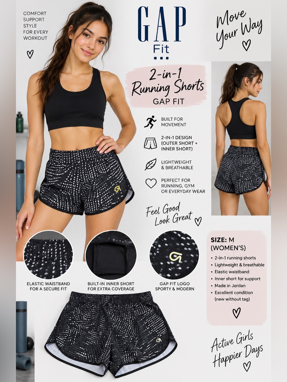 GapFit GFAST Women’s 2-in-1 Running Shorts M Black/White Abstract Built-In Brief